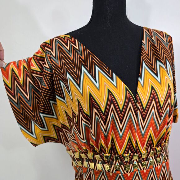 Baby Phat Zigzag Bodycon Dress 1X V-Neck Studded Waist Retro Vibe - Picture 3 of 12